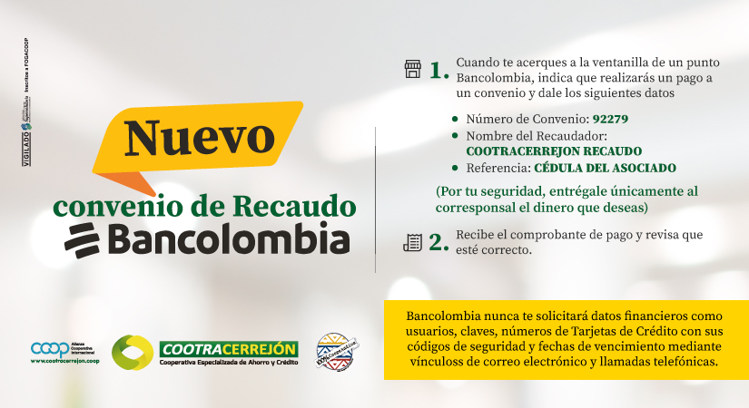 Nuevo convenio de recaudo Bancolombia